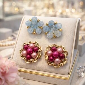 Lisner Blue Beaded & Hong Kong Pink Pearl Clip On Earrings Vintage Bundle